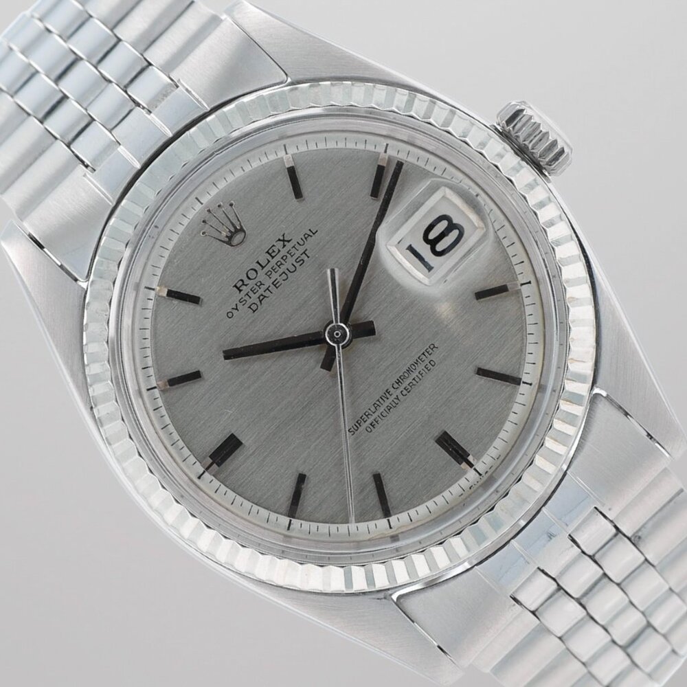 Rolex Mens Datejust 36mm Steel Silver Index Dial Fluted Bezel Jubilee Band 1601